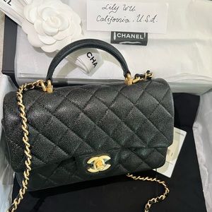 BNIB Mini Top Handle Black Caviar, Aged Gold Tone Hardware.